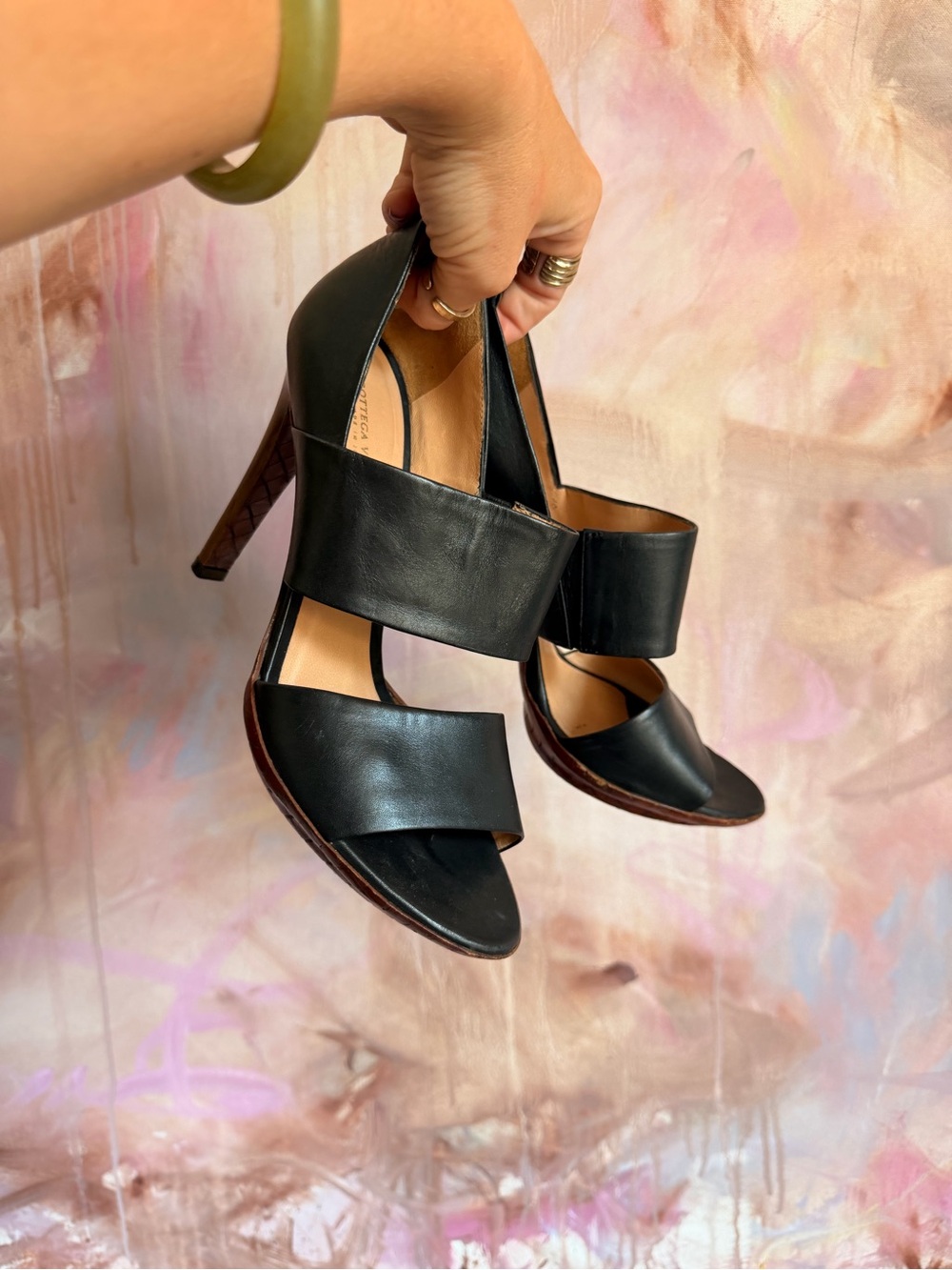 Bottega Veneta Black Leather Wide-Strap High-Heel Sandals